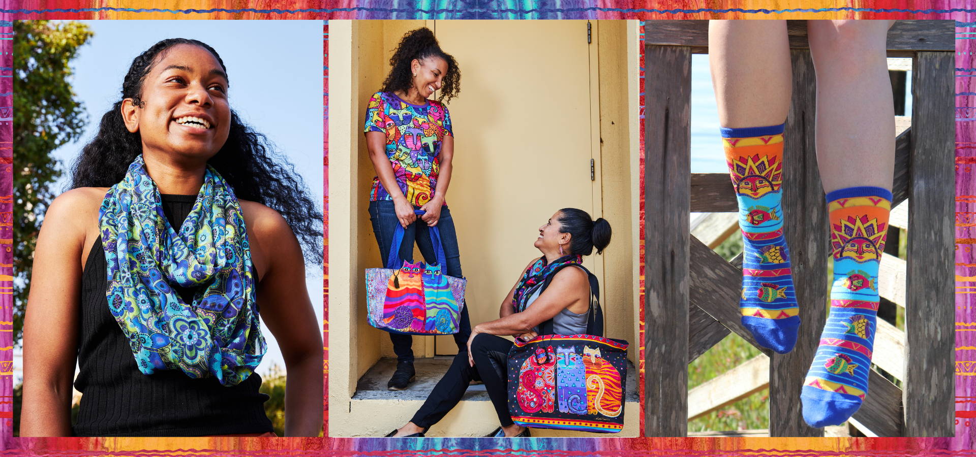 Various Laurel Burch designs on apparel and accessories
