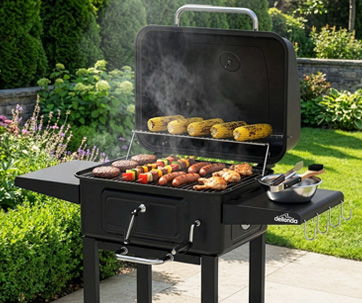 Grill with sausages, vegetables, and corn on a patio surrounded by greenery.