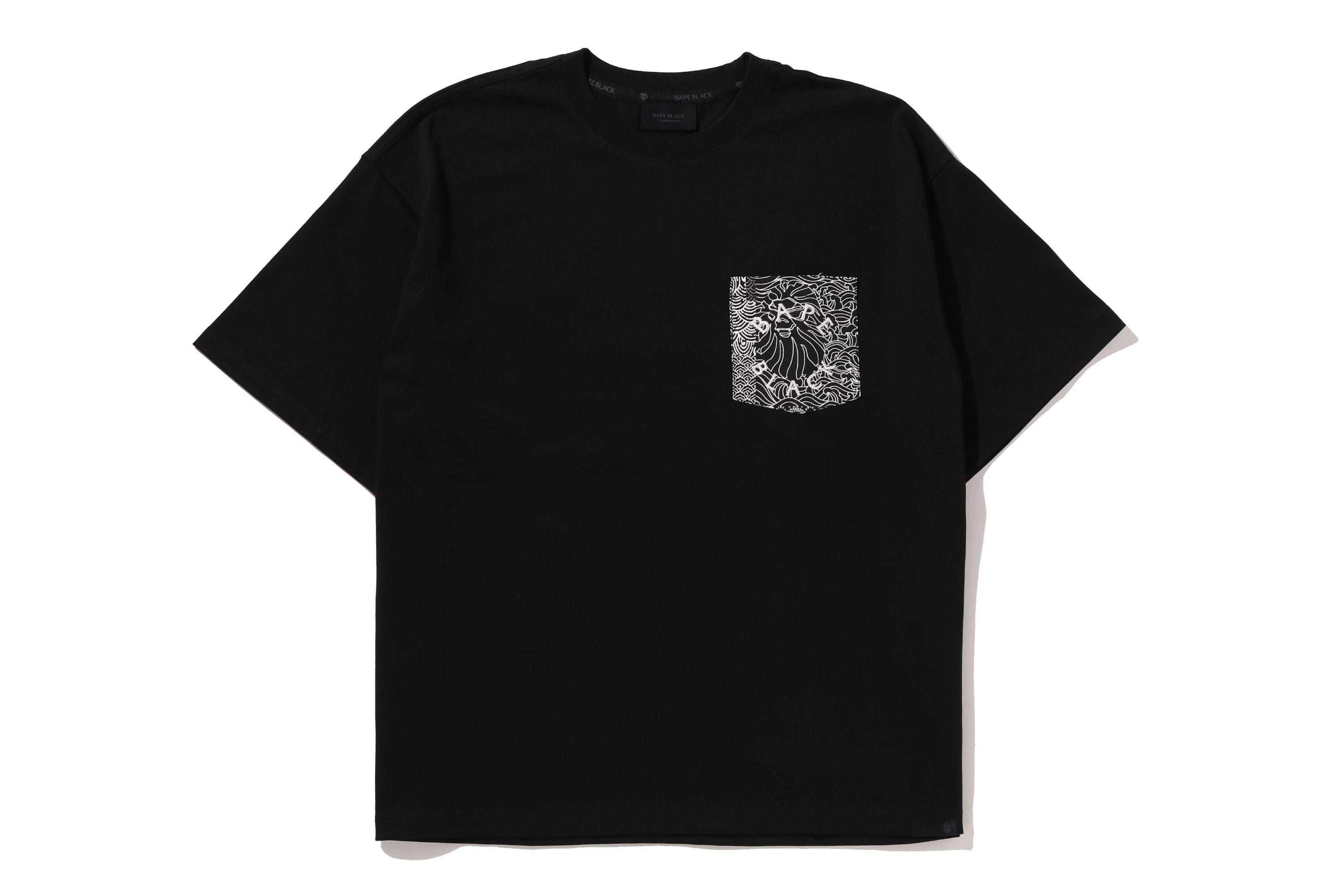 Black t-shirt with a graphic pocket design on the left side.
