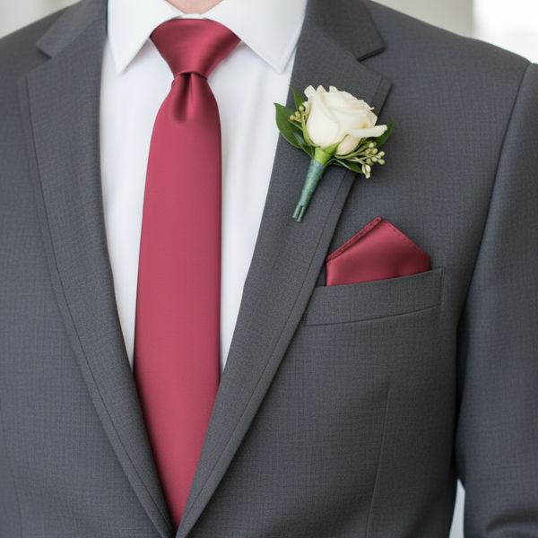 Groomsman look with a cinnamon rose tie and pocket square worn with a charcoal suit