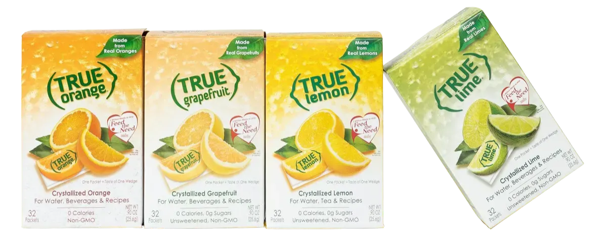True Lemon flavor packet boxes: true orange, true grapefruit, true lemon, and true lime