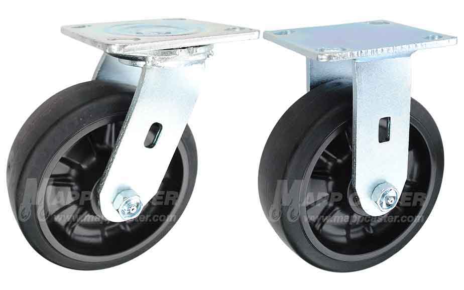Swivel & Rigid plate casters with Rubber on Nylon wheels that offer a smooth & cushioned ride for rough & uneven floors
