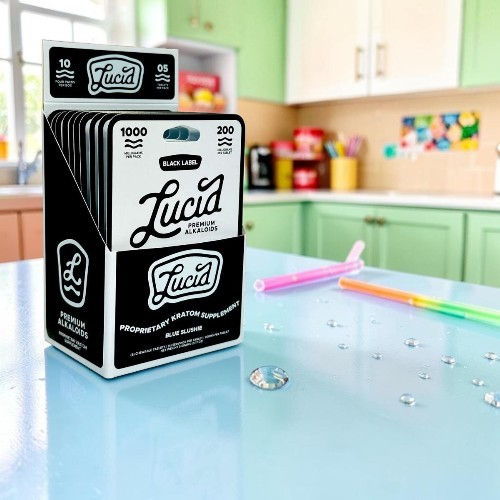 A stack of Lucid puzzle boxes on a kitchen counter.