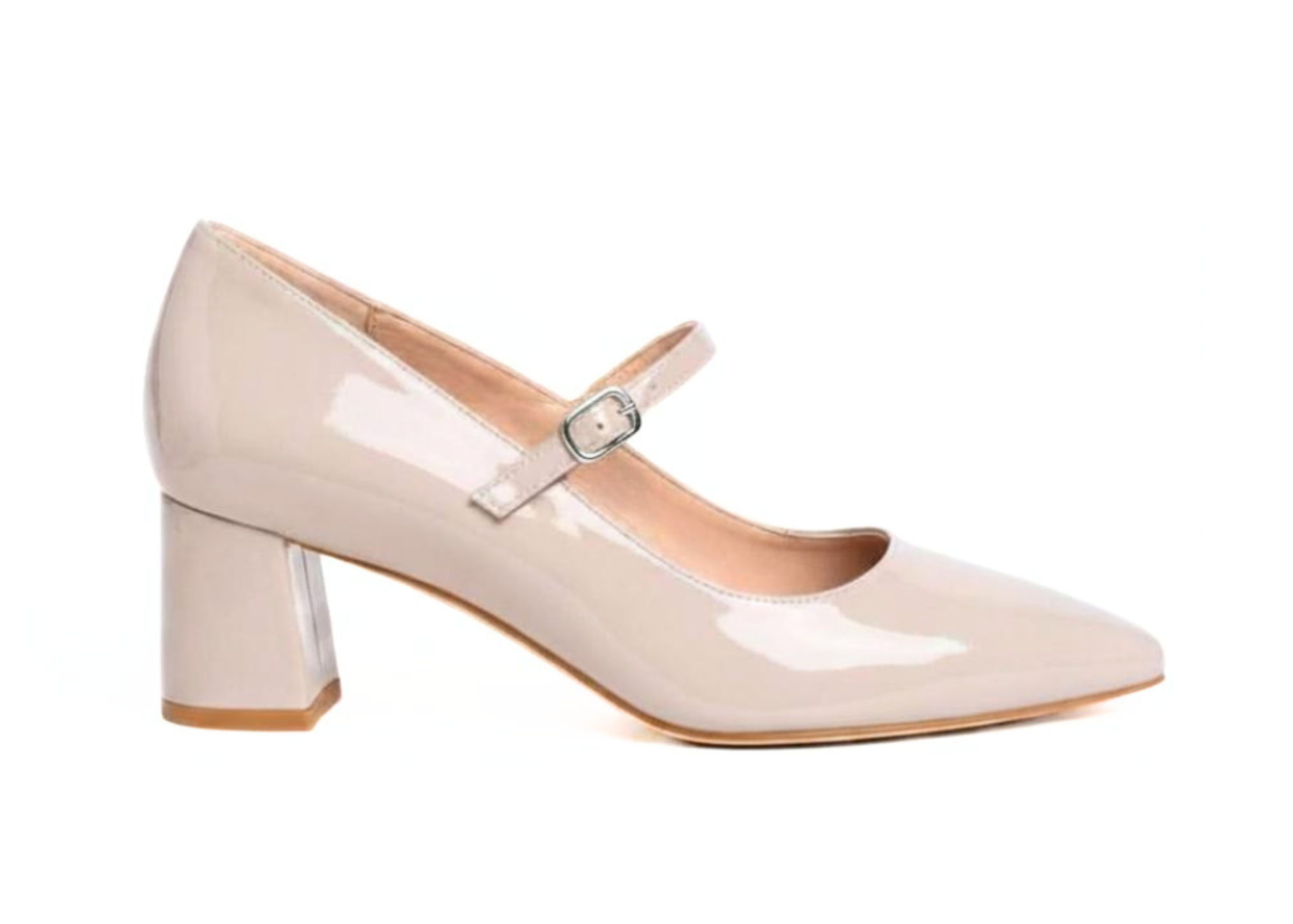 Beige patent leather Mary Jane shoe with a block heel.