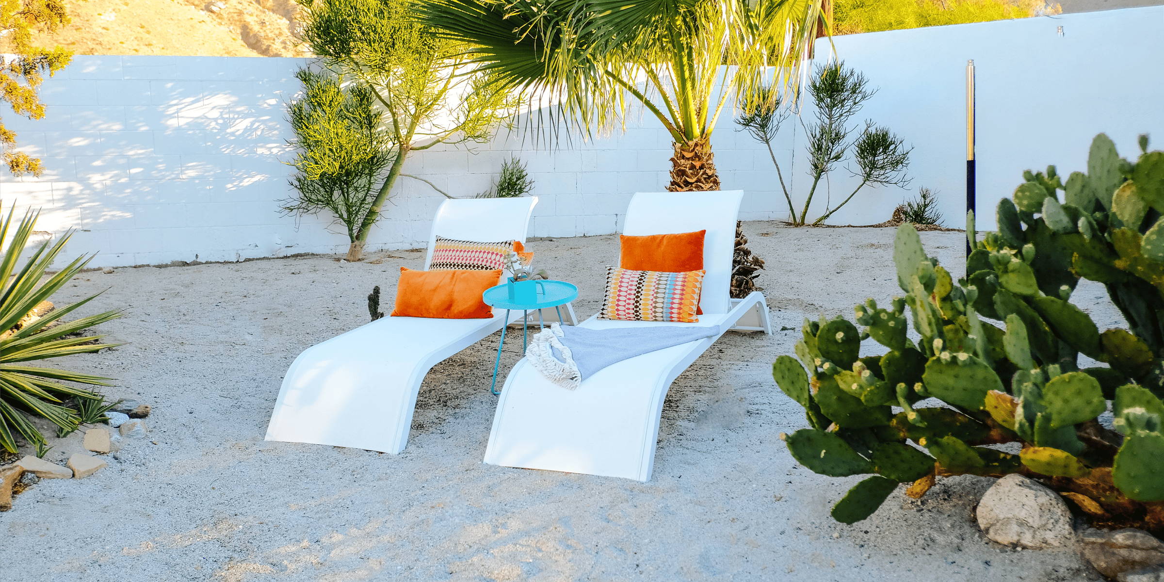 Two chaise lounge chairs in a desert garden adorned with brightly colored pillows. 