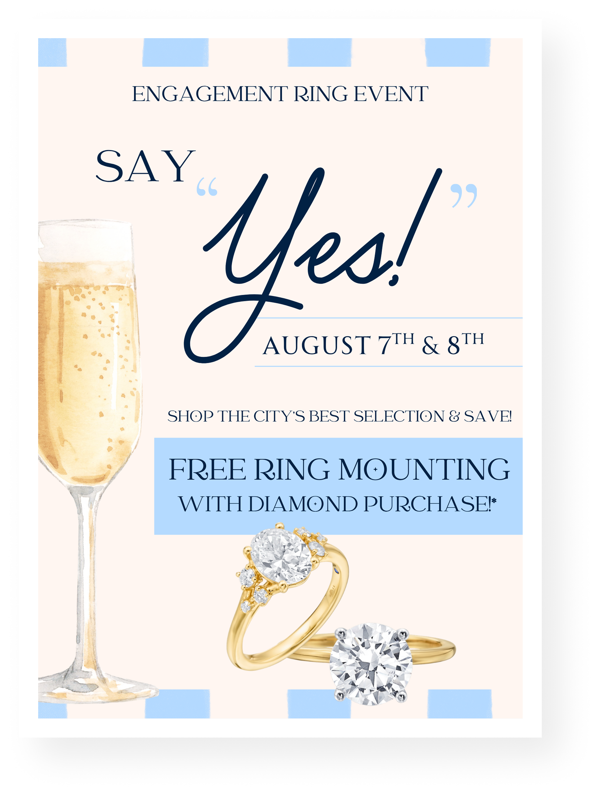 Engagement ring event announcement with champagne and rings, featuring date and promotions.