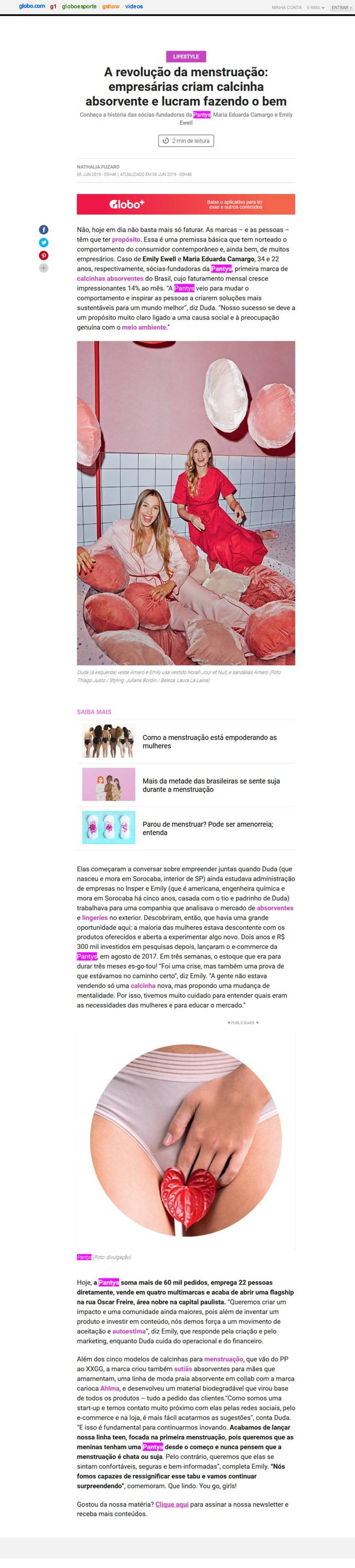 Site da Glamour referenciando  sobre a revolução da menstruação 