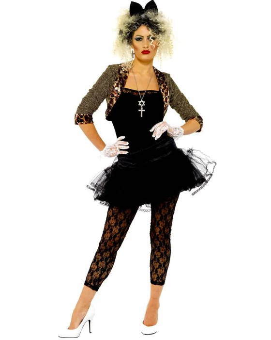 Image of woman dressed in 80s costume with black tutu dress, black lace tights and white lace gloves.