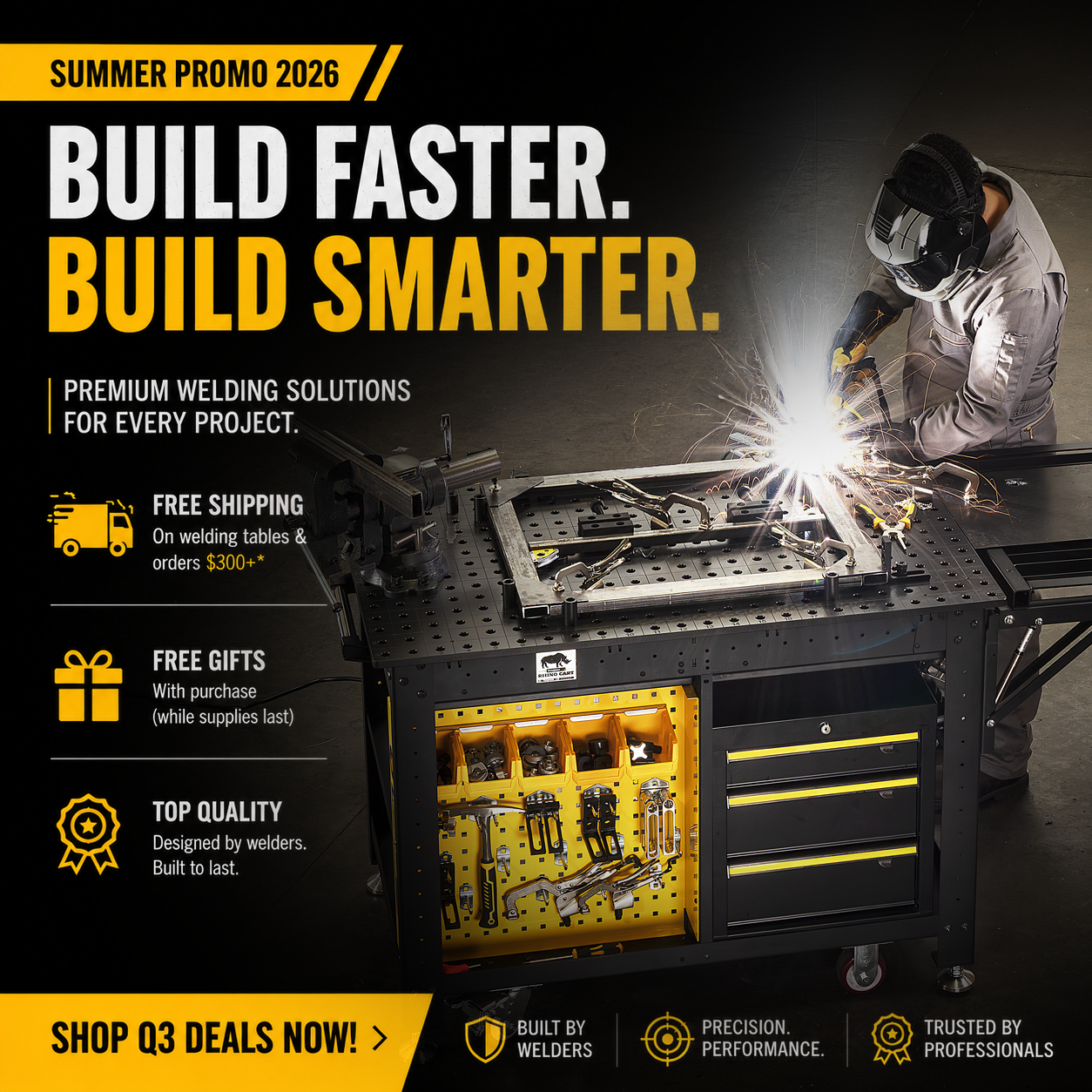 Promotional image for welding solutions with text about building faster and smarter.