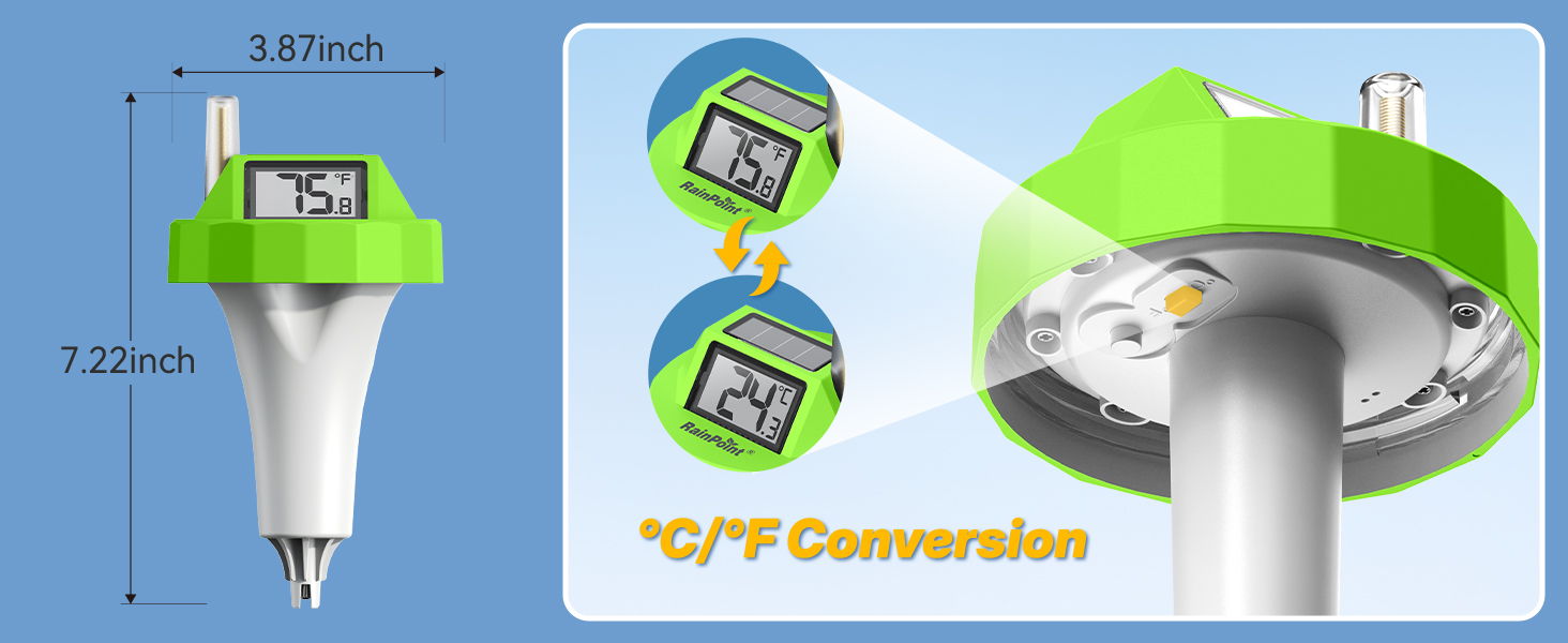 Digital thermometer with Celsius and Fahrenheit conversion display.