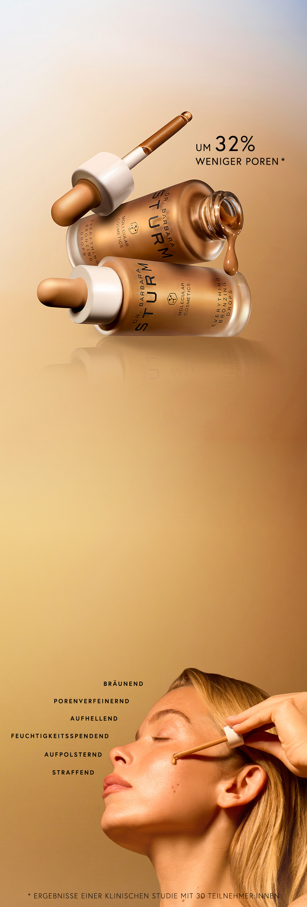 Cosmetic serum bottles with a woman applying product to her face.