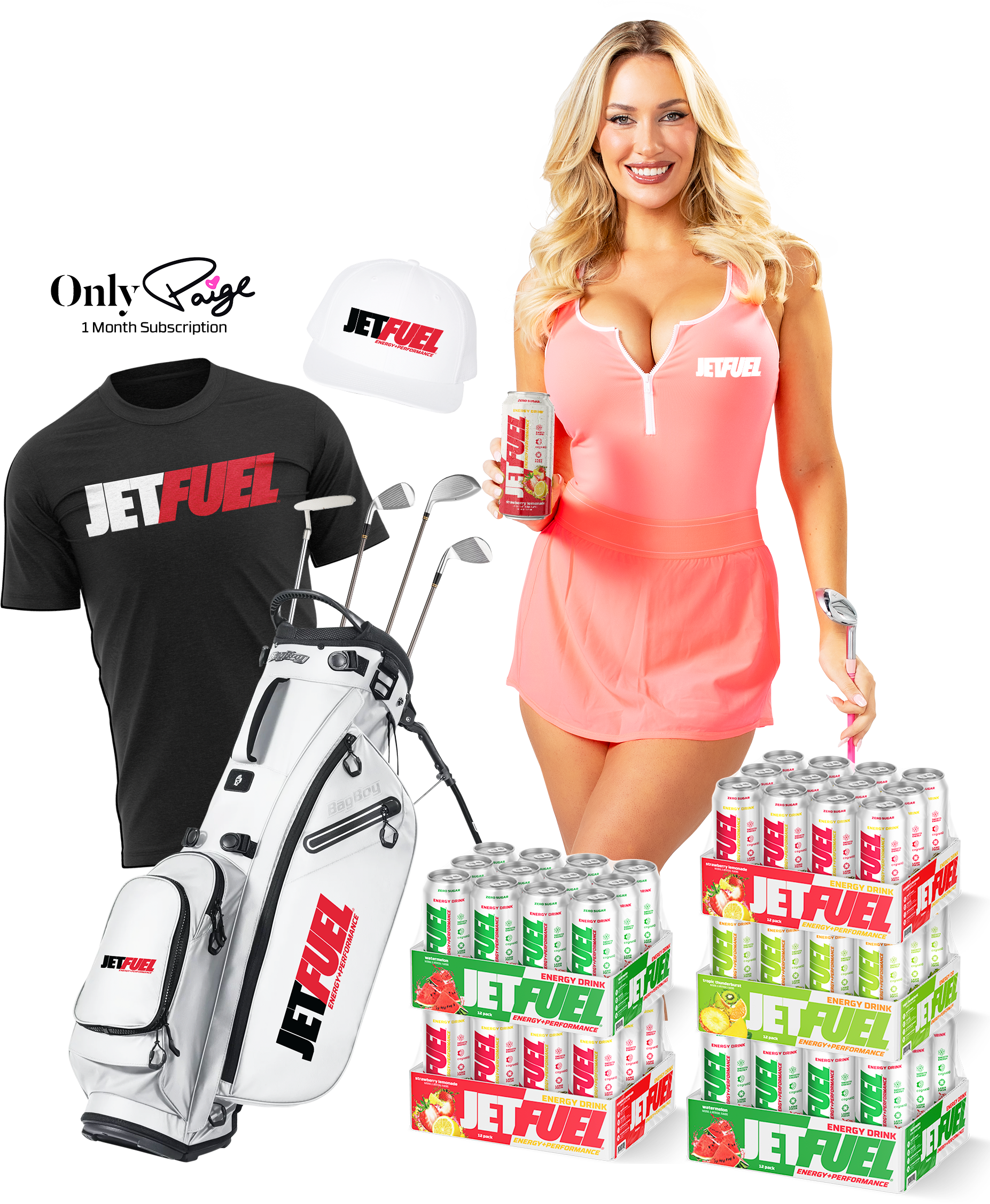 Paige Spiranac pictured with JetFuel Energy RTD trays, T-shirt, Hat, and a Golf Bag with clubs