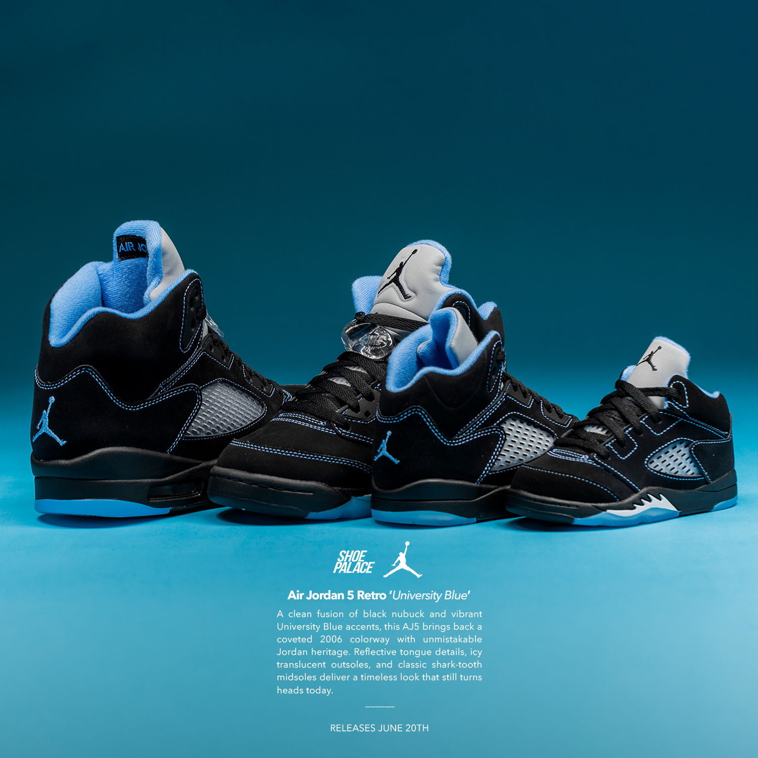 Three pairs of Air Jordan sneakers against a blue background.