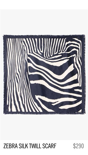 Zebra print silk twill scarf on a white background.