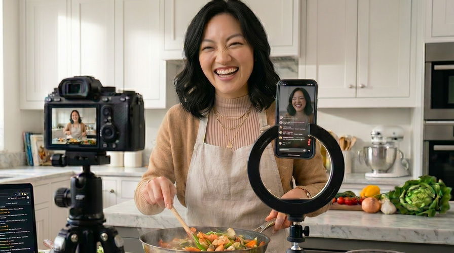 Person cooking in a kitchen, smiling at a camera and smartphone.