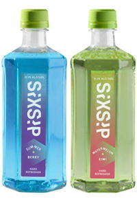 Two bottles of flavored water, one blue and one green, with colorful labels.