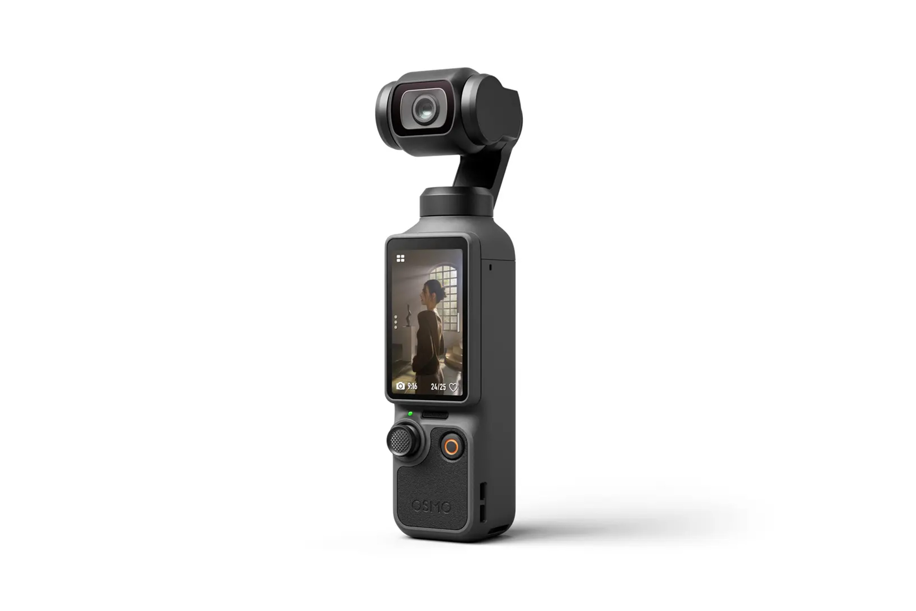 An Osmo Pocket 4 against a white background with a portrait on its display