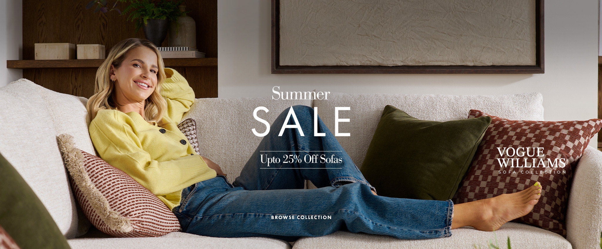 Vogue Williams Sofas Now On Sale - Vogue Williams sitting on a comfy sofa banner