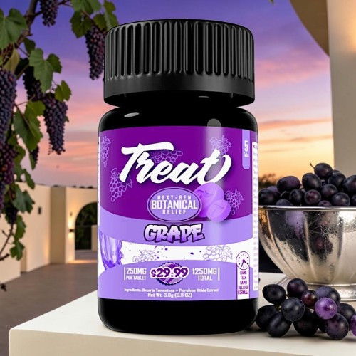 Bottle of Treat grape supplement with grapes in the background.