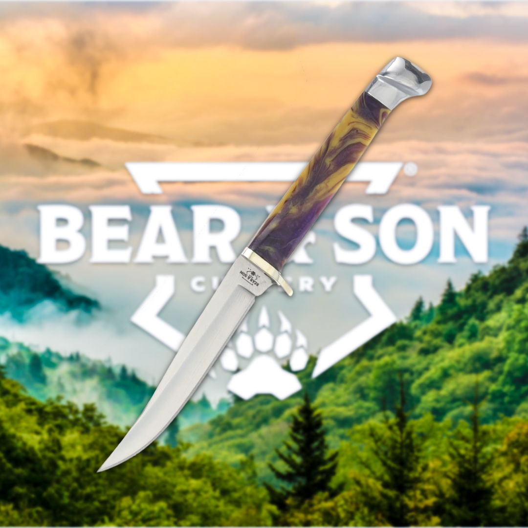 A knife displayed in front of a scenic forest background and logo.