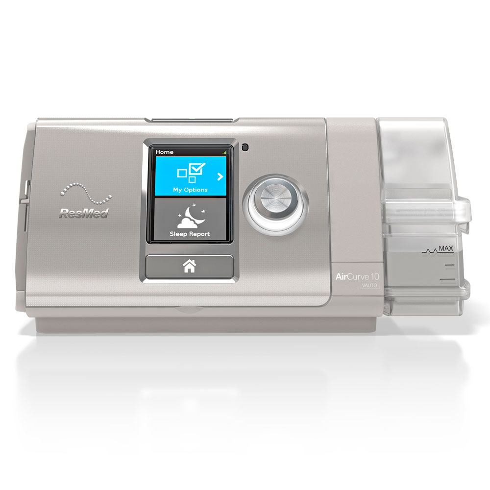 CPAP machine with a digital display and attached tubing.