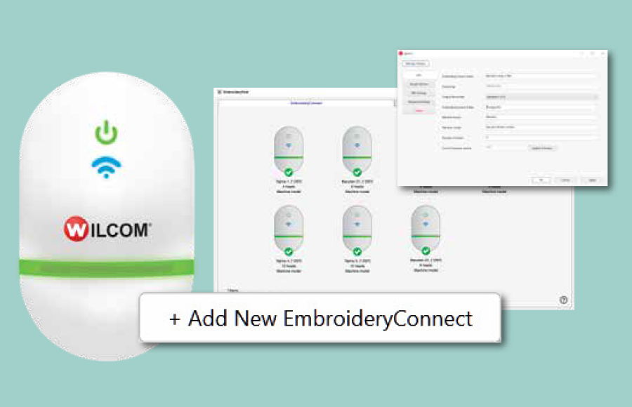 Embroidered device with interface options and add new connection prompt.