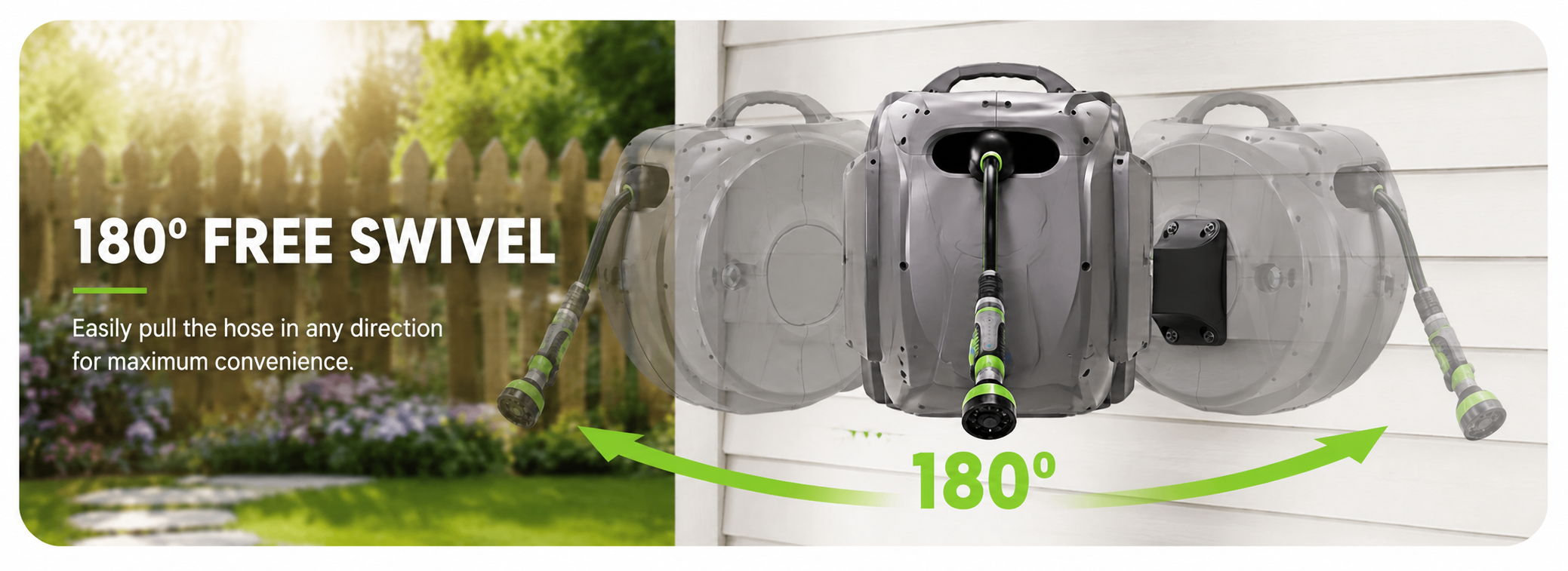 Hose reel with 180° swivel feature against a garden background.