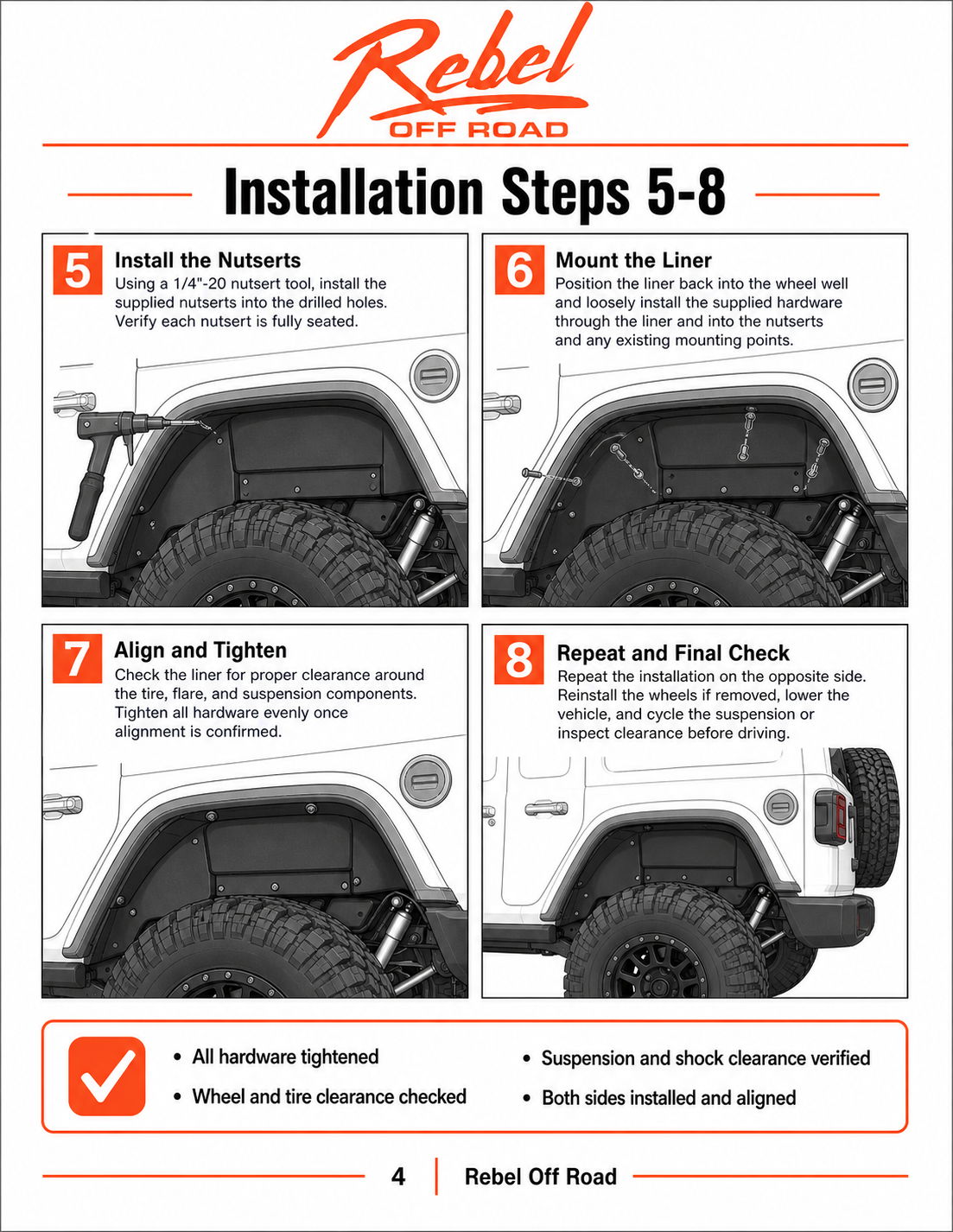 Installation steps 5-8 for off-road vehicle modifications.