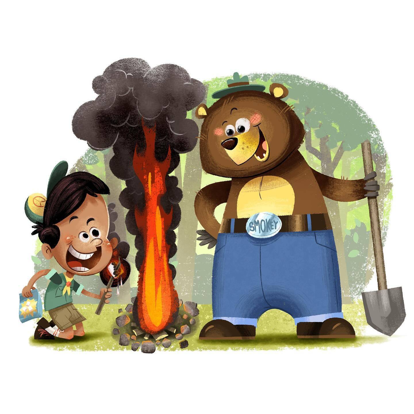 Nicholas Malara - spot illustration of Smokey the Bear and a Boy Scout