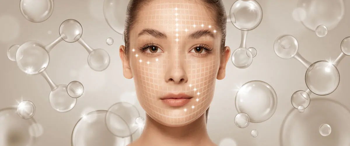 Collagen wireframe, hyaluronic acid, and antioxidants protecting skin structure from environmental damage.