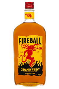 Bottle of Fireball cinnamon whisky with a fiery label design.