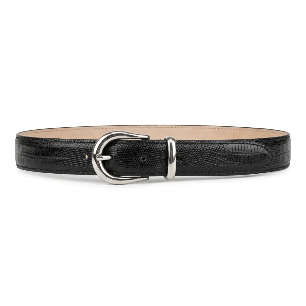 Black leather belt with a silver buckle on a light background.