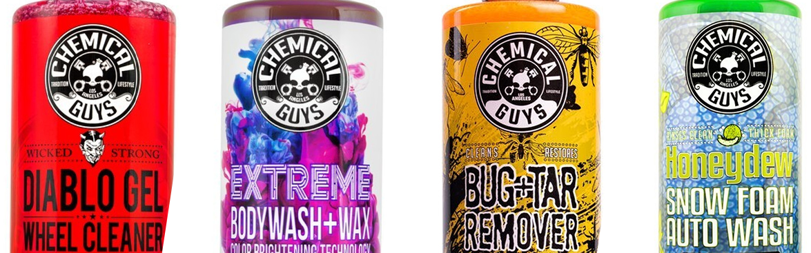 Photo collage of washes and soaps from Chemical Guys.