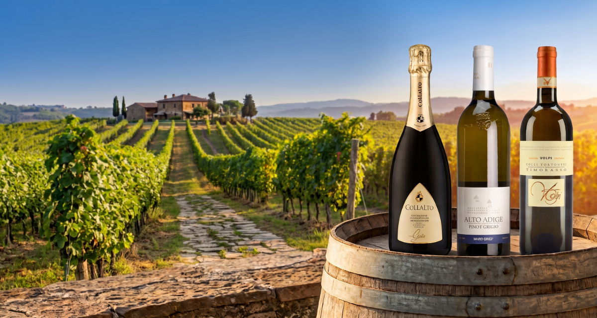 Three wine bottles on a barrel with vineyards in the background.