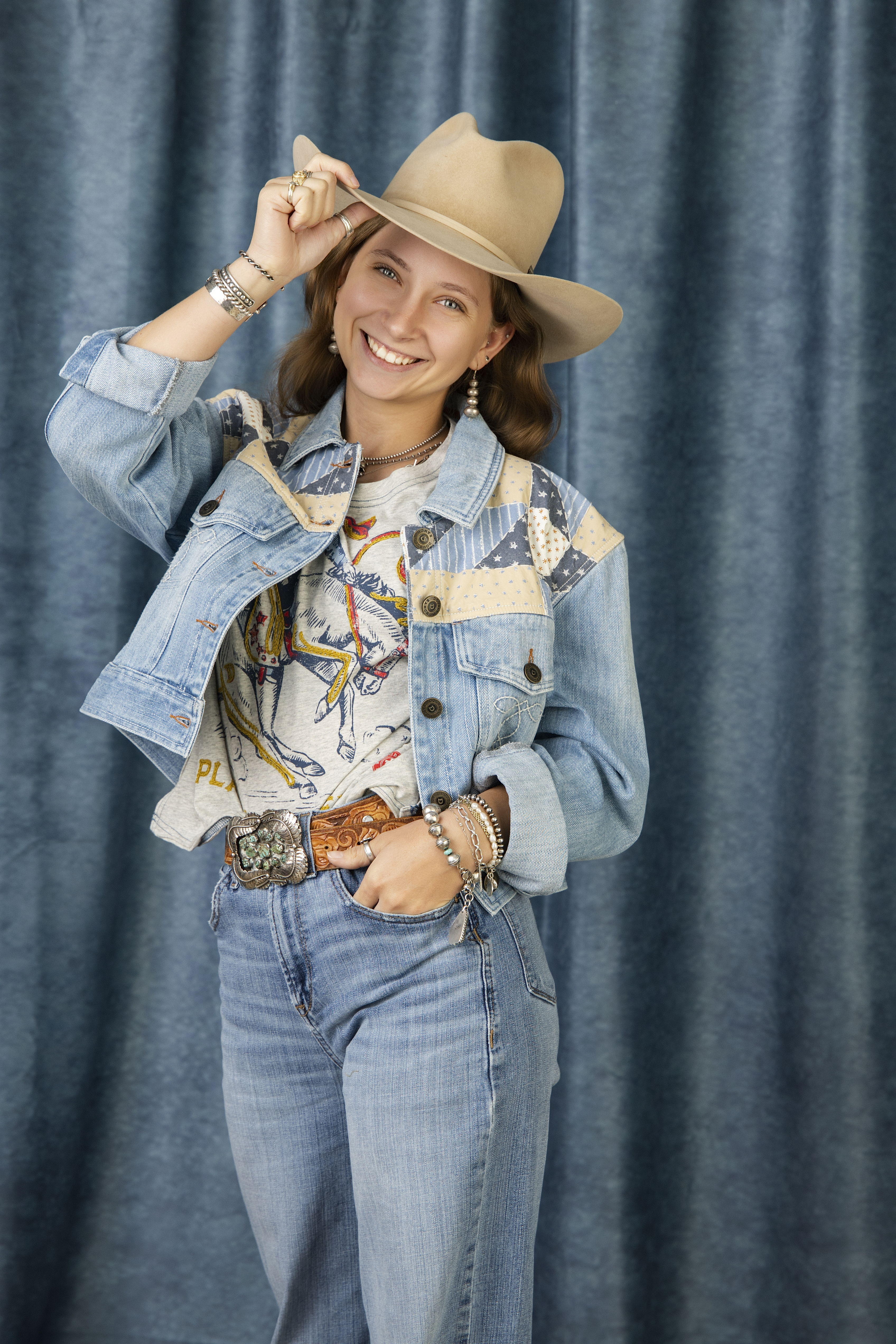 Lauren wearing the Bucker Hill Top layered with the Heirloom Blues Top.