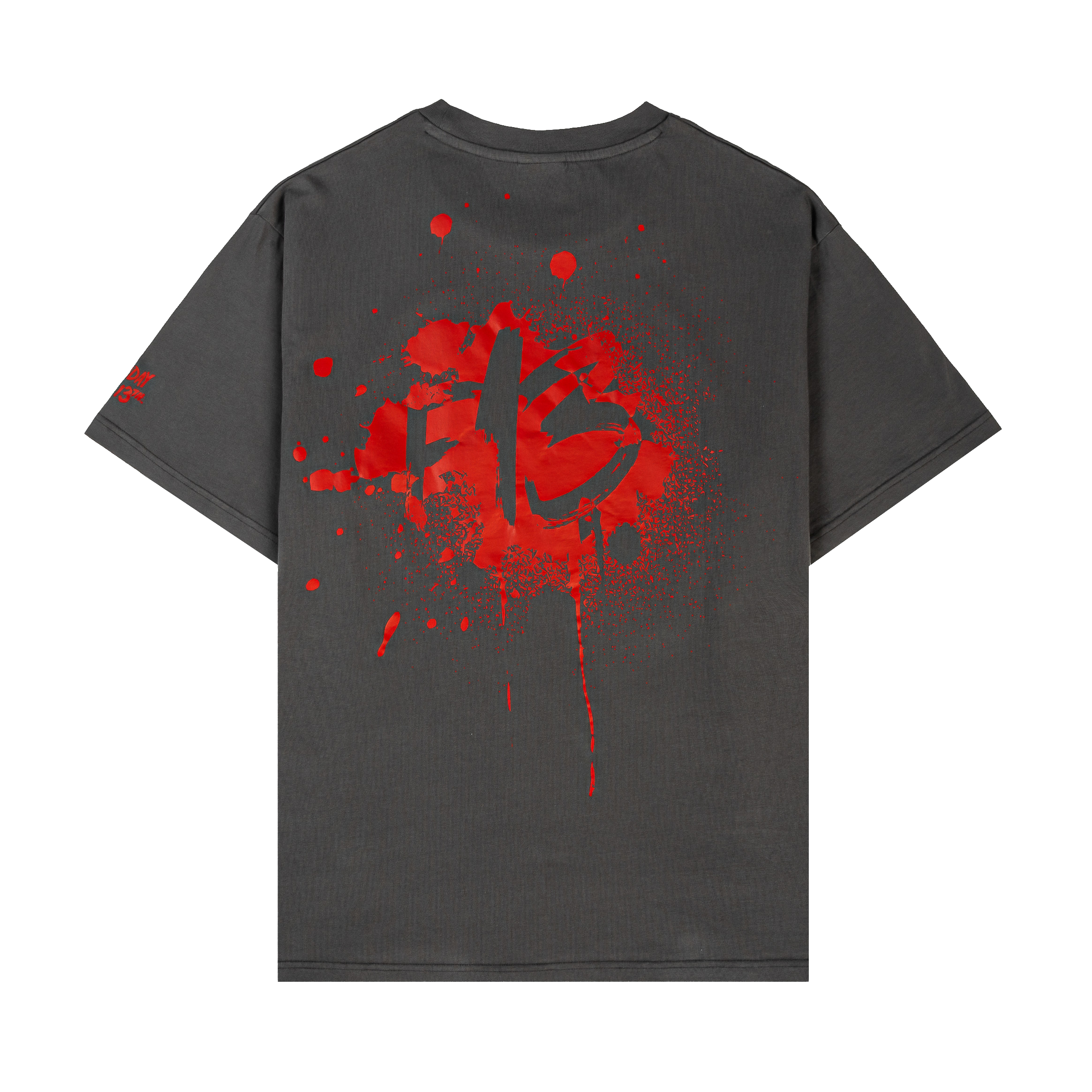 Gray t-shirt featuring a graphic of a hockey mask with red details.