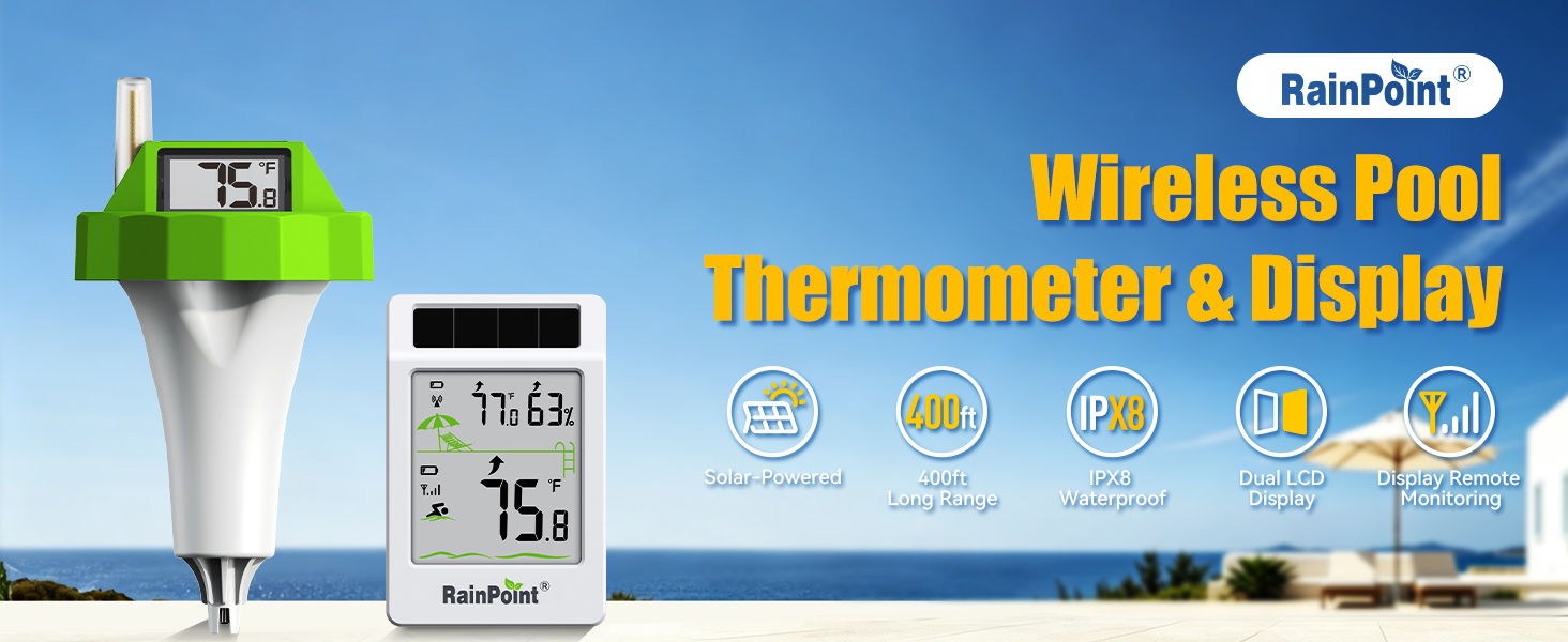Wireless pool thermometer and display with temperature reading and icons.
