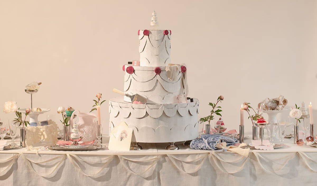 A three-tiered white wedding cake decorated with flowers and elegant table settings.