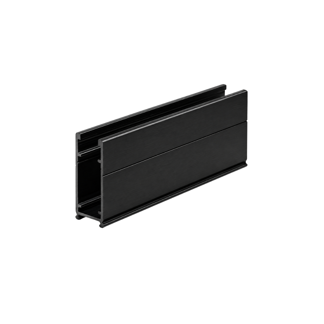 Black rectangular metal channel with open sides and flat surfaces.