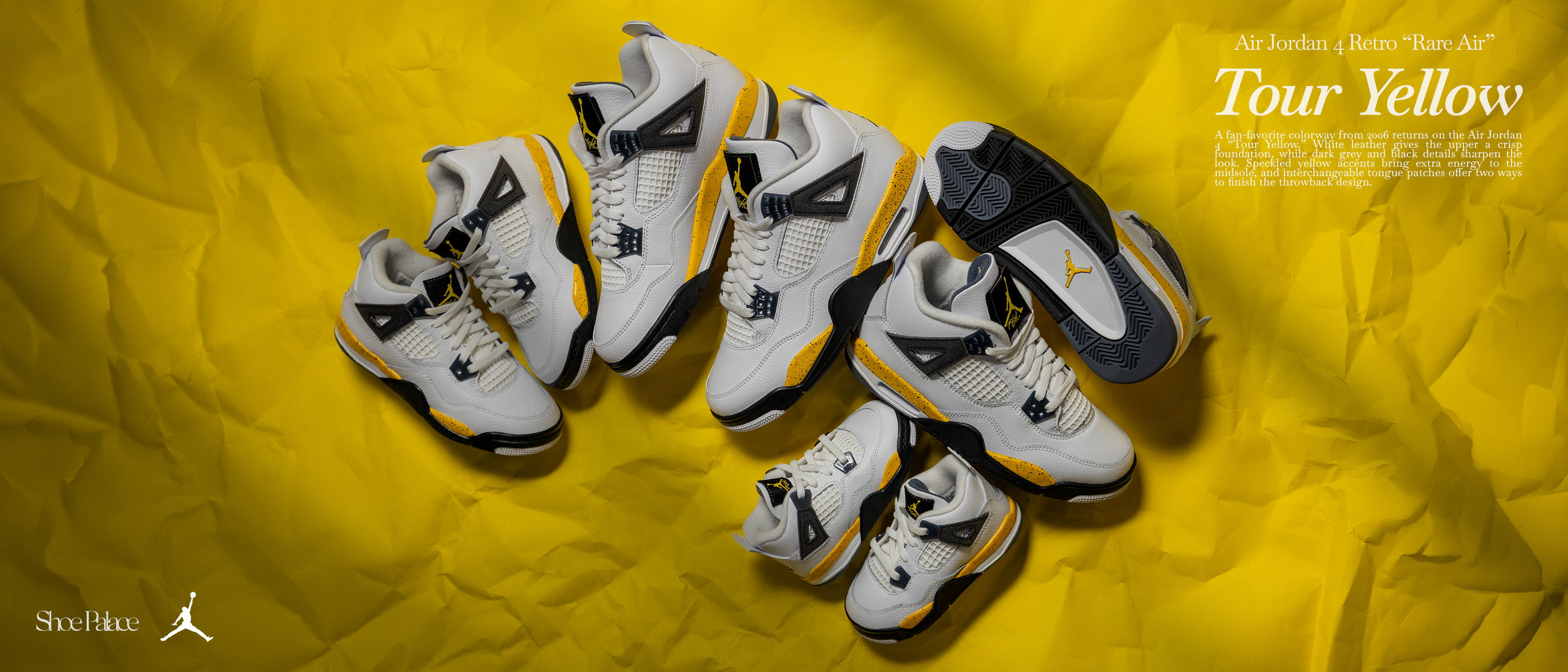 A collection of climbing shoes on a yellow background.