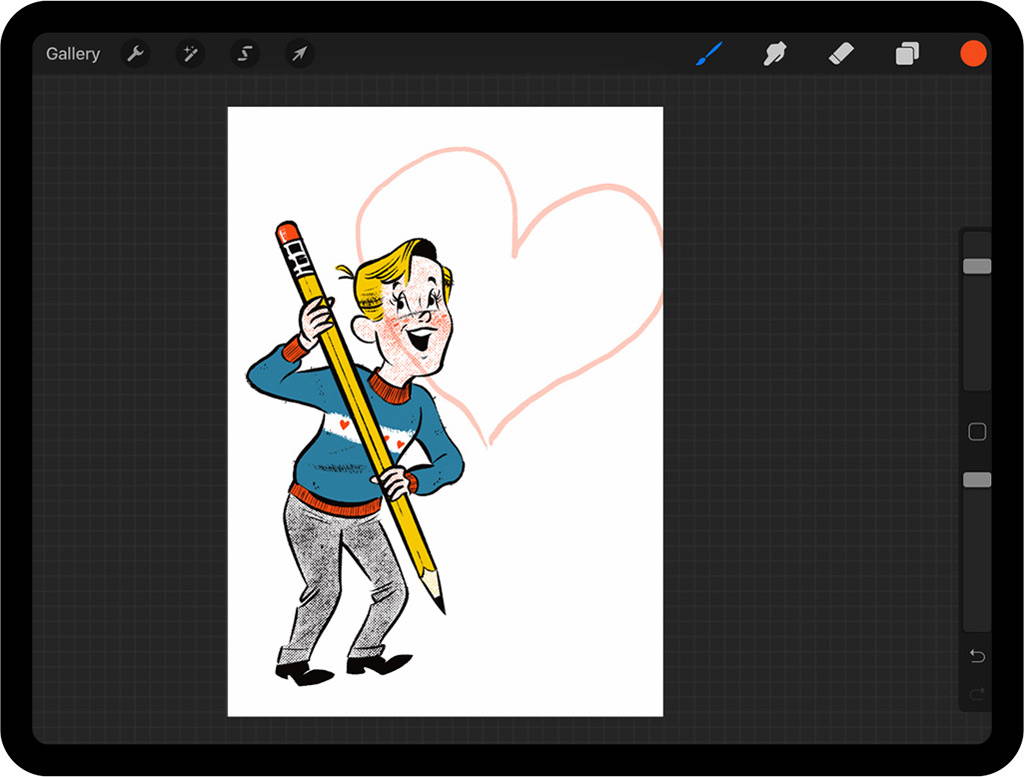 Rough outline of heart drawn in front of Valentines card character in Procreate