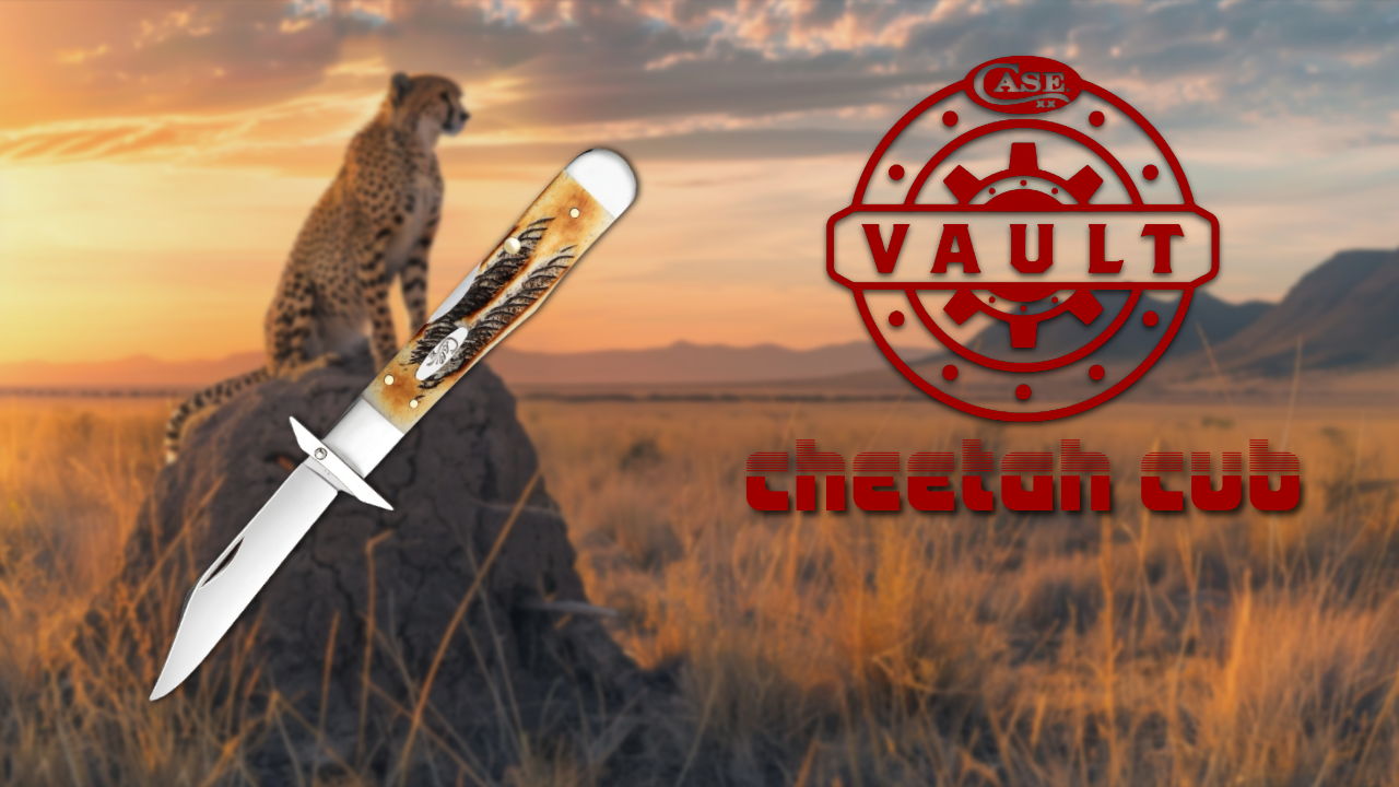 Cheetah cub sitting in a field with a knife and logo overlay.