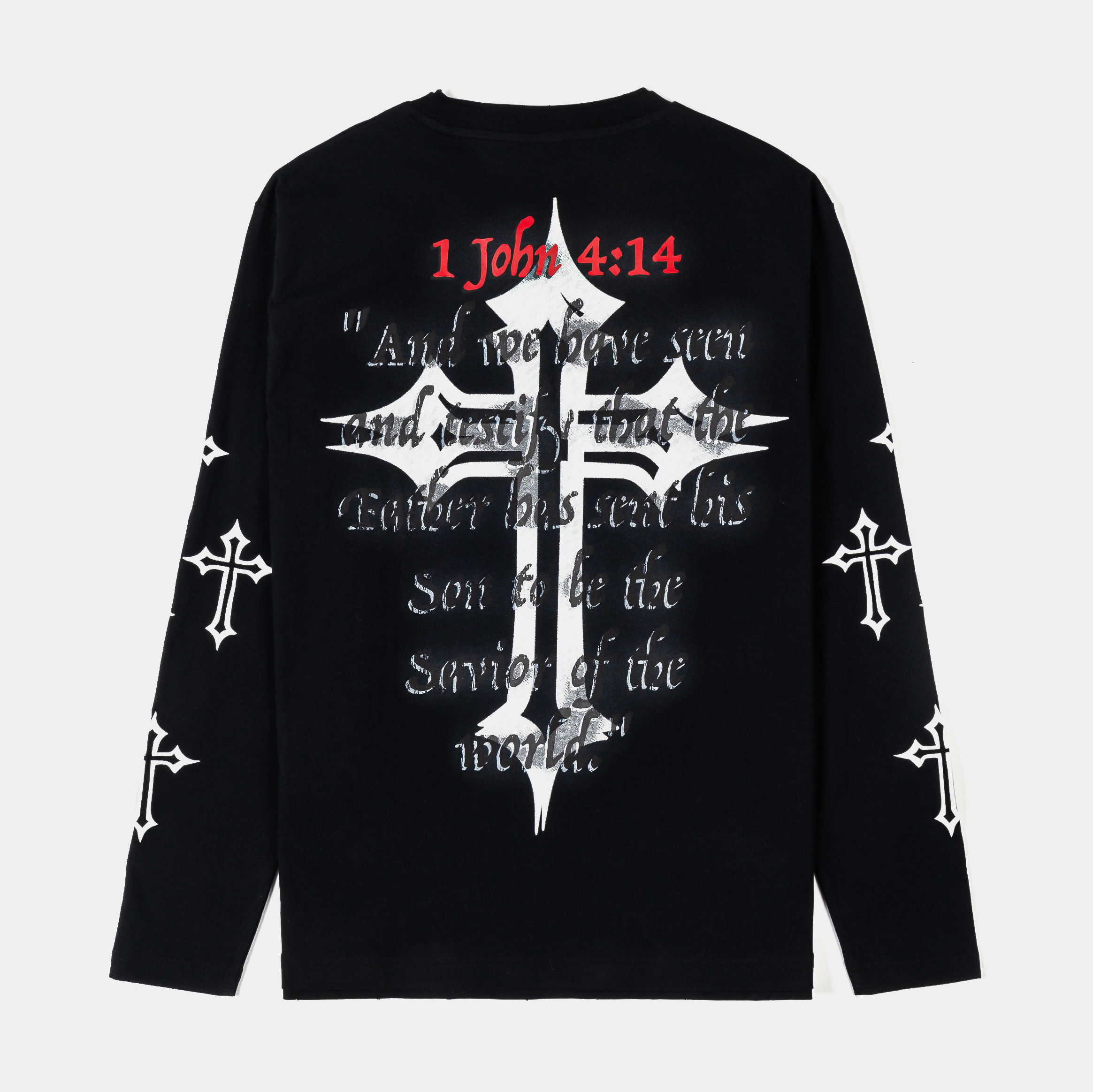 Black long-sleeve shirt featuring religious imagery and the word 