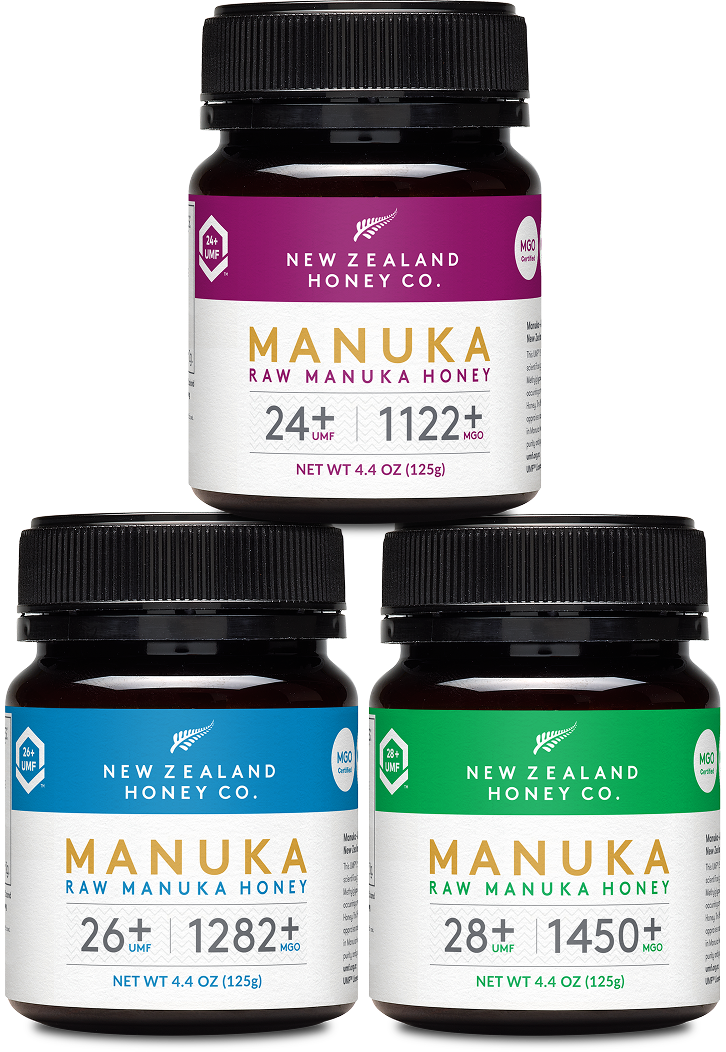 Three jars of Manuka honey with different UMF ratings.