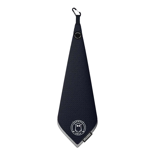 Navy blue golf towel with a circular logo at the bottom.