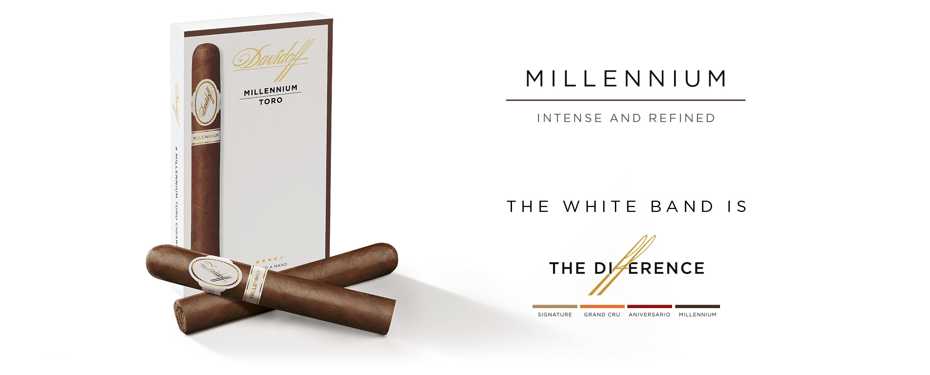 A box of Davidoff Millennium Toro with two cigars placed crosswise in front of it.