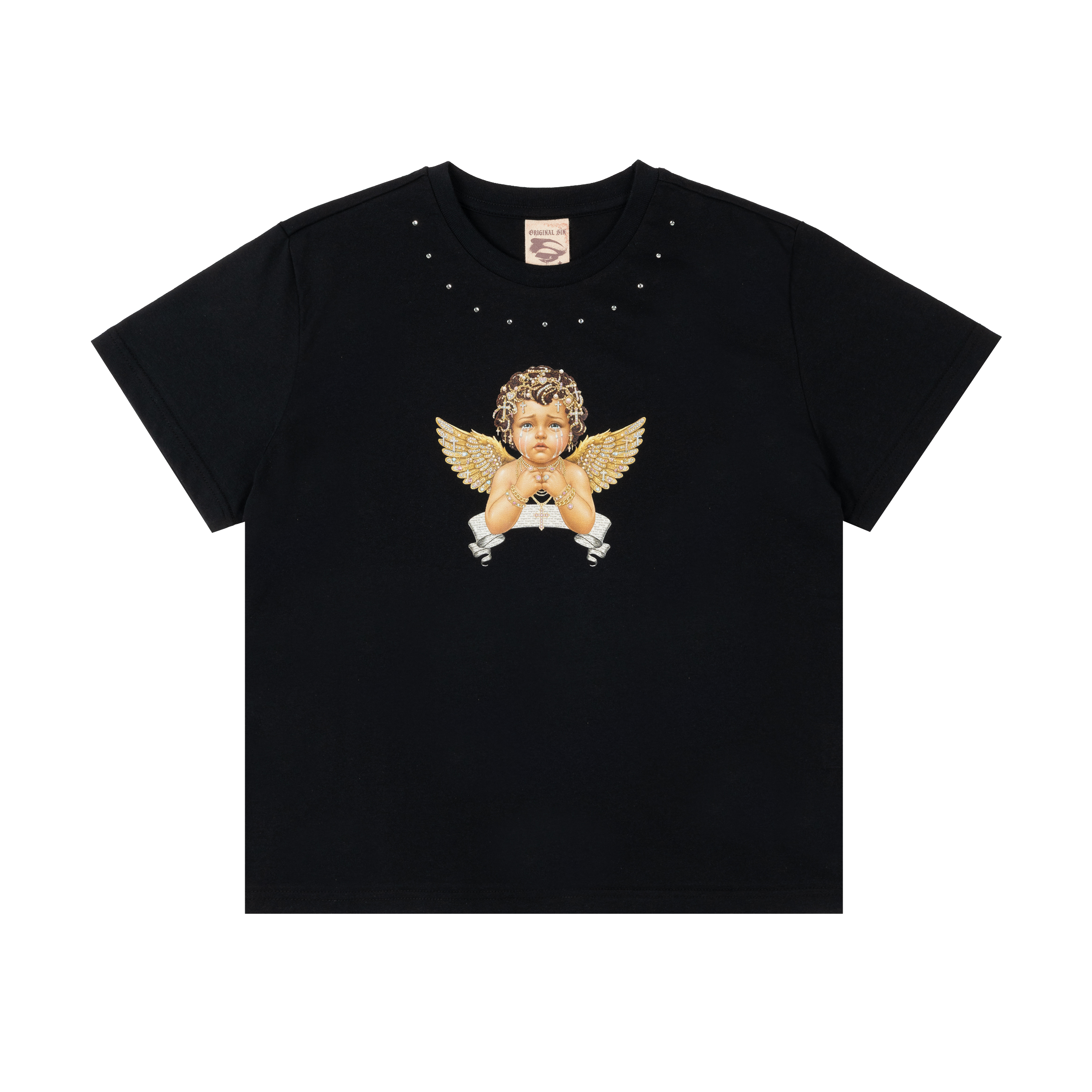 Black t-shirt featuring an angel graphic and decorative studs.