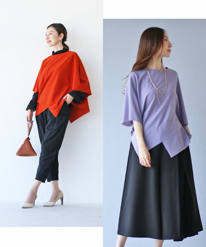 Two women modeling stylish outfits, one in red and one in purple.