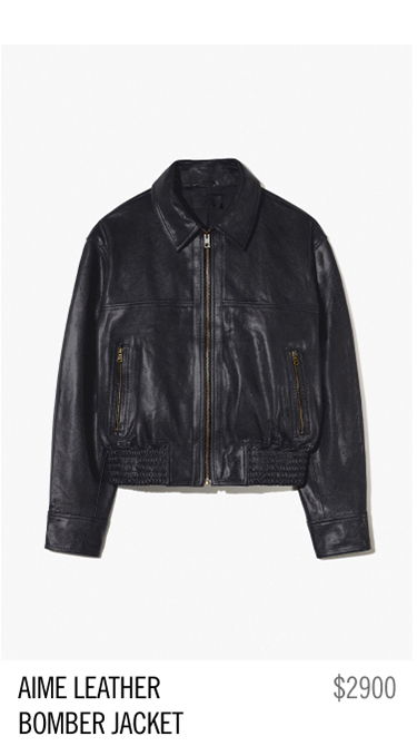 Black leather bomber jacket with zippers, priced at $2900.