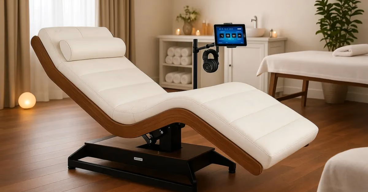 A modern massage chair in a calming spa environment.